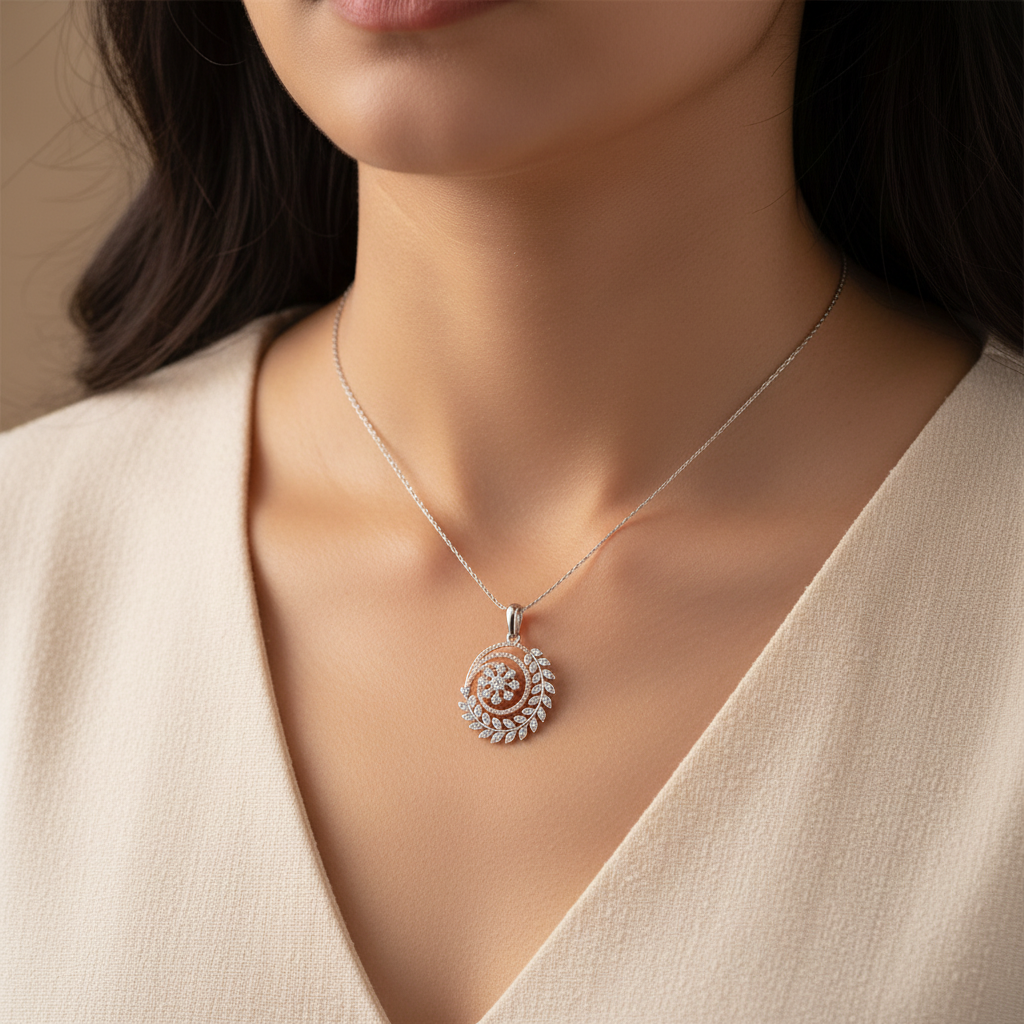 Girl wearing minimized HPS02083 spiral galaxy pendant