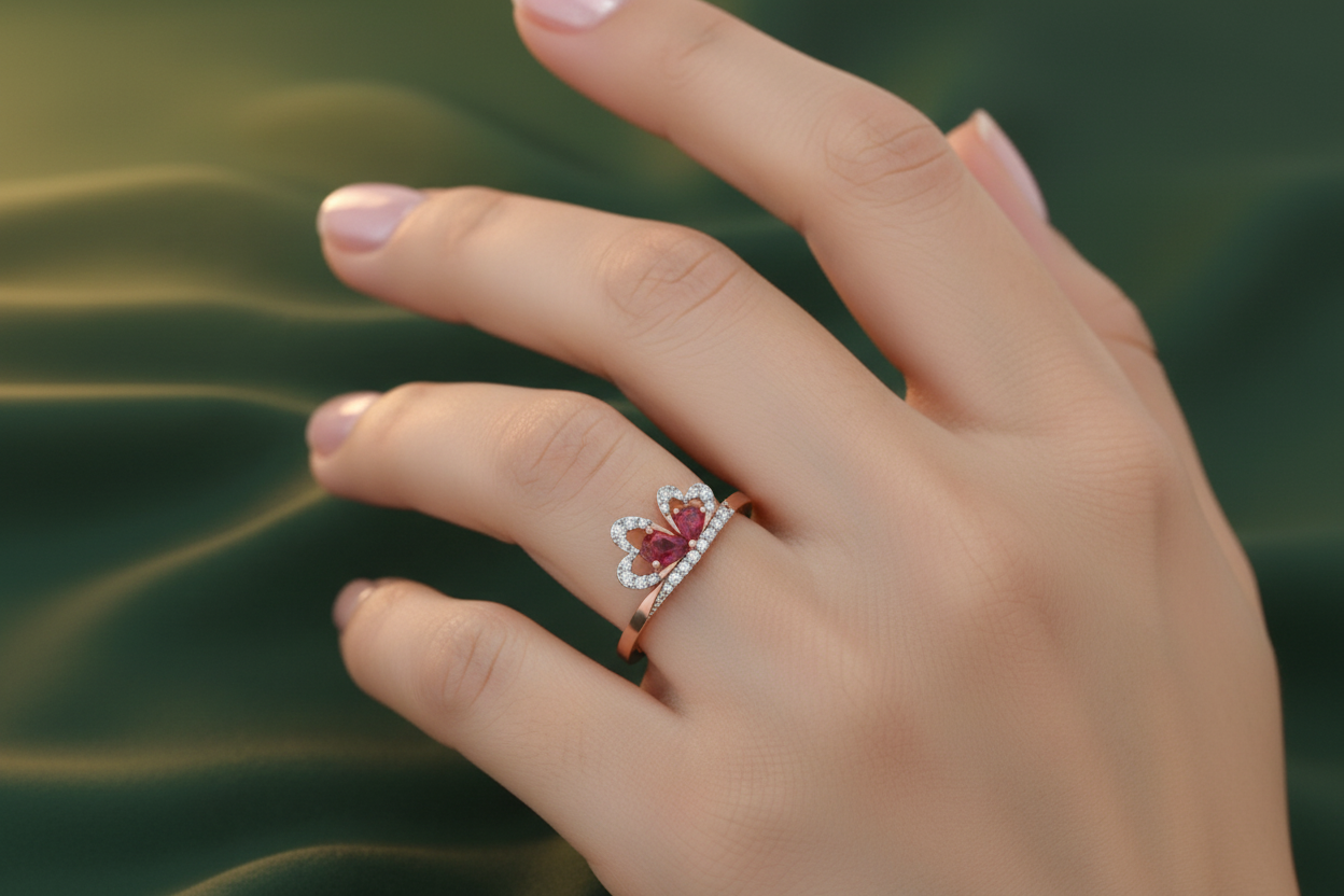 Girl wearing rose gold butterfly ruby ring