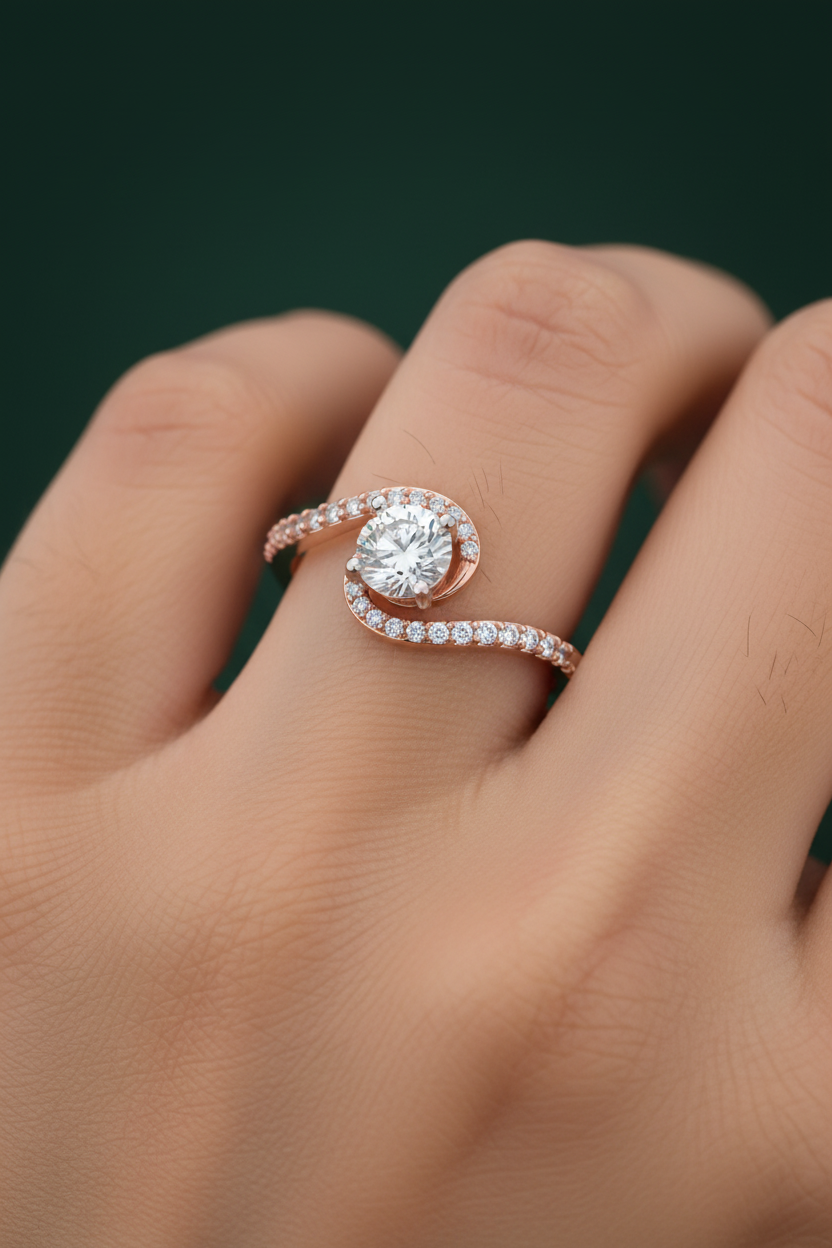 Girl wearing rose gold bypass swirl solitaire diamond ring