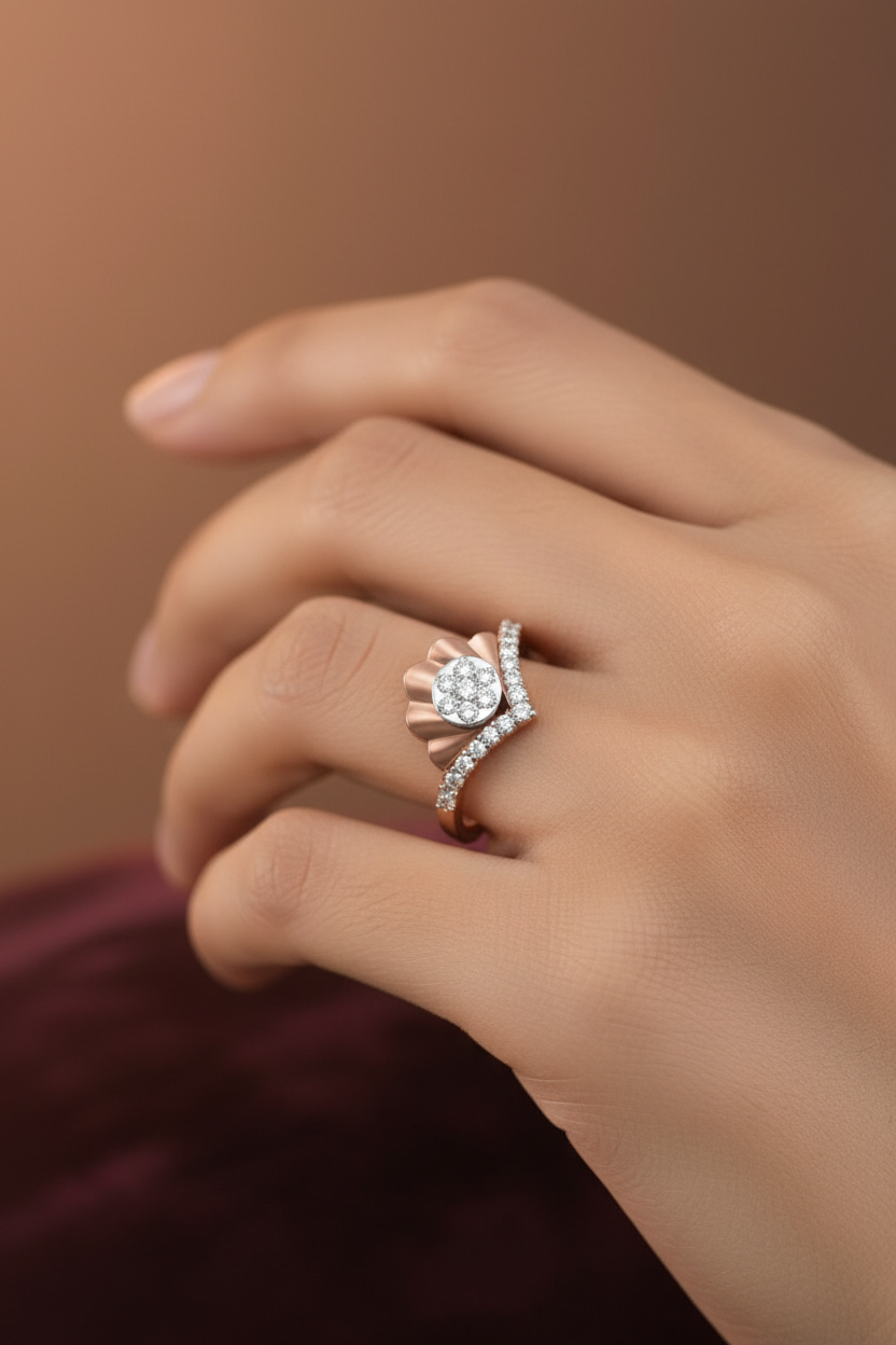 Girl wearing rose gold crown diamond ring