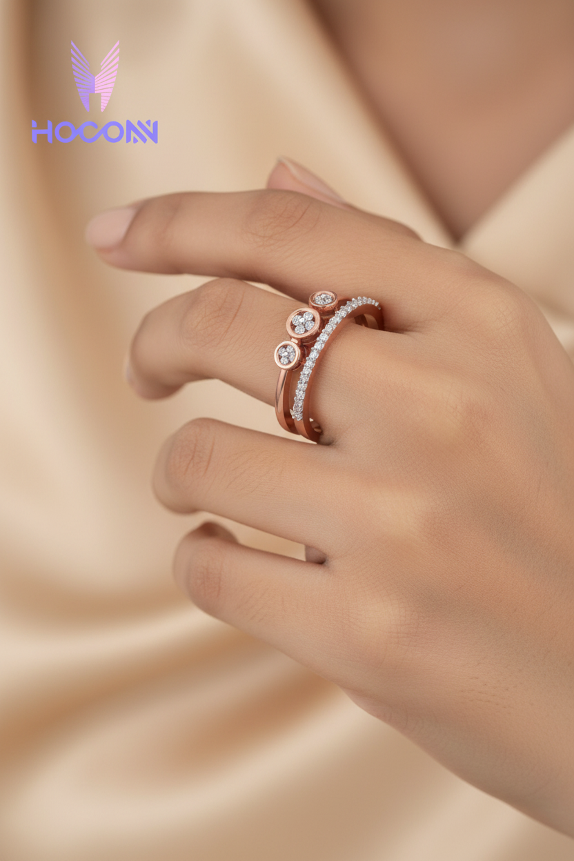 Girl wearing rose gold double-band diamond cluster ring on finger