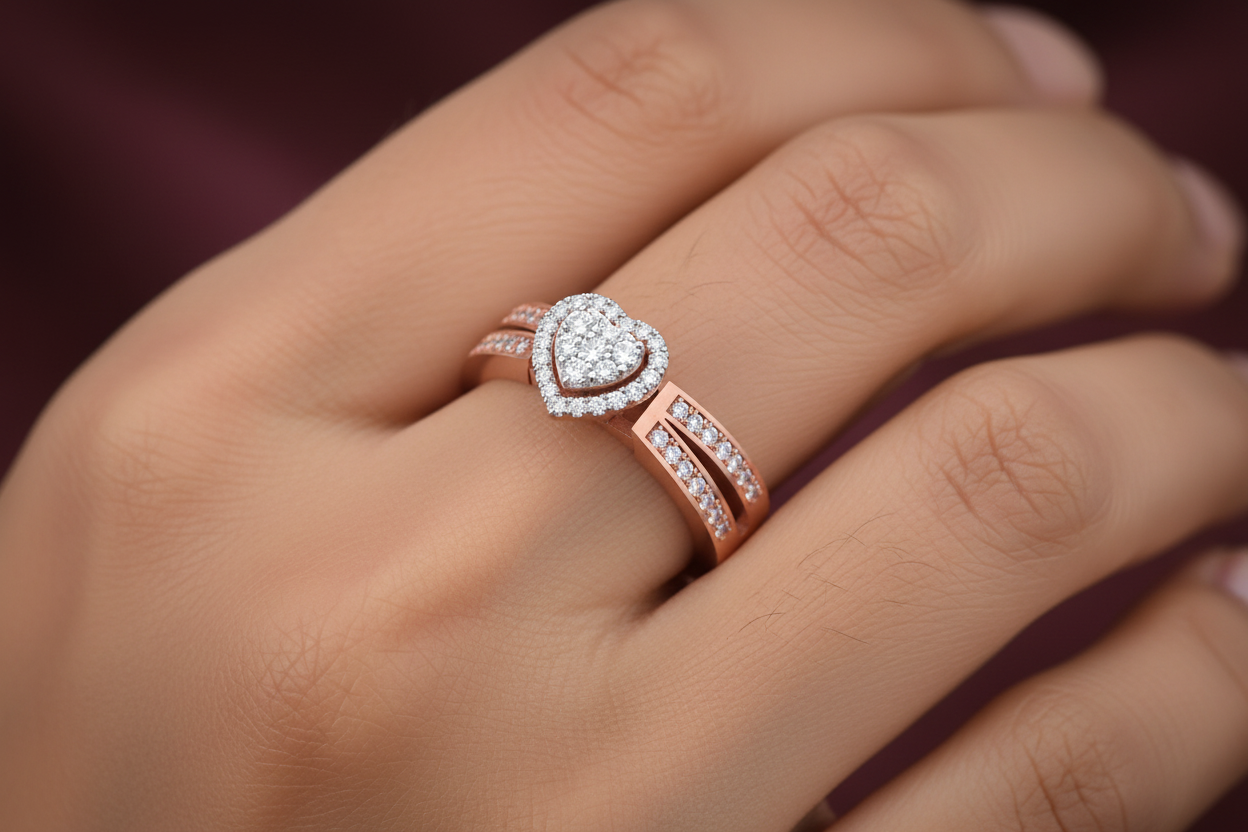 Girl Wearing Rose Gold Double Band Heart Ring