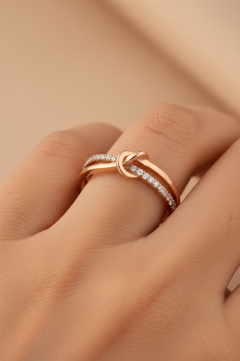 Girl wearing rose gold double-band knot diamond ring