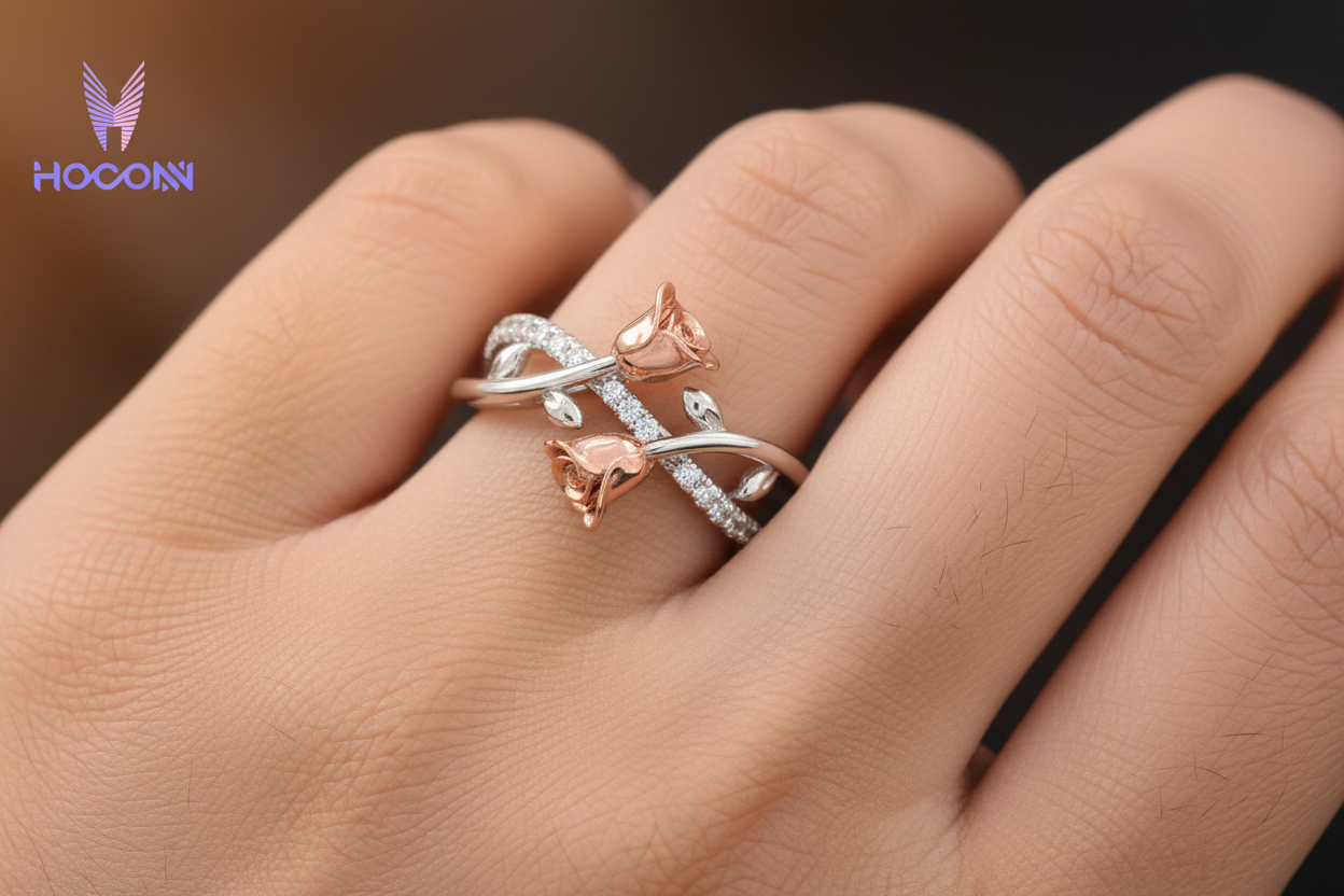 Girl Wearing Rose Gold Double Rose Flower Ring