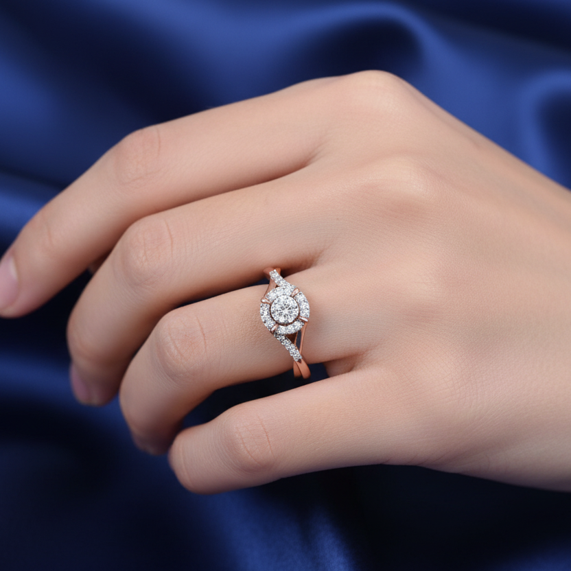 Girl wearing rose gold halo diamond cluster ring