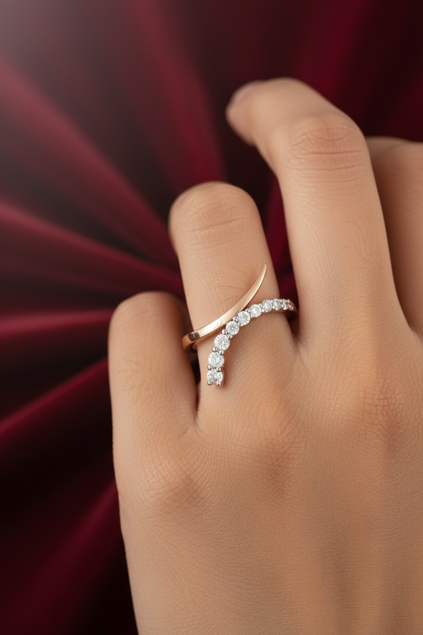 Girl wearing rose gold V-shape curved diamond chevron ring