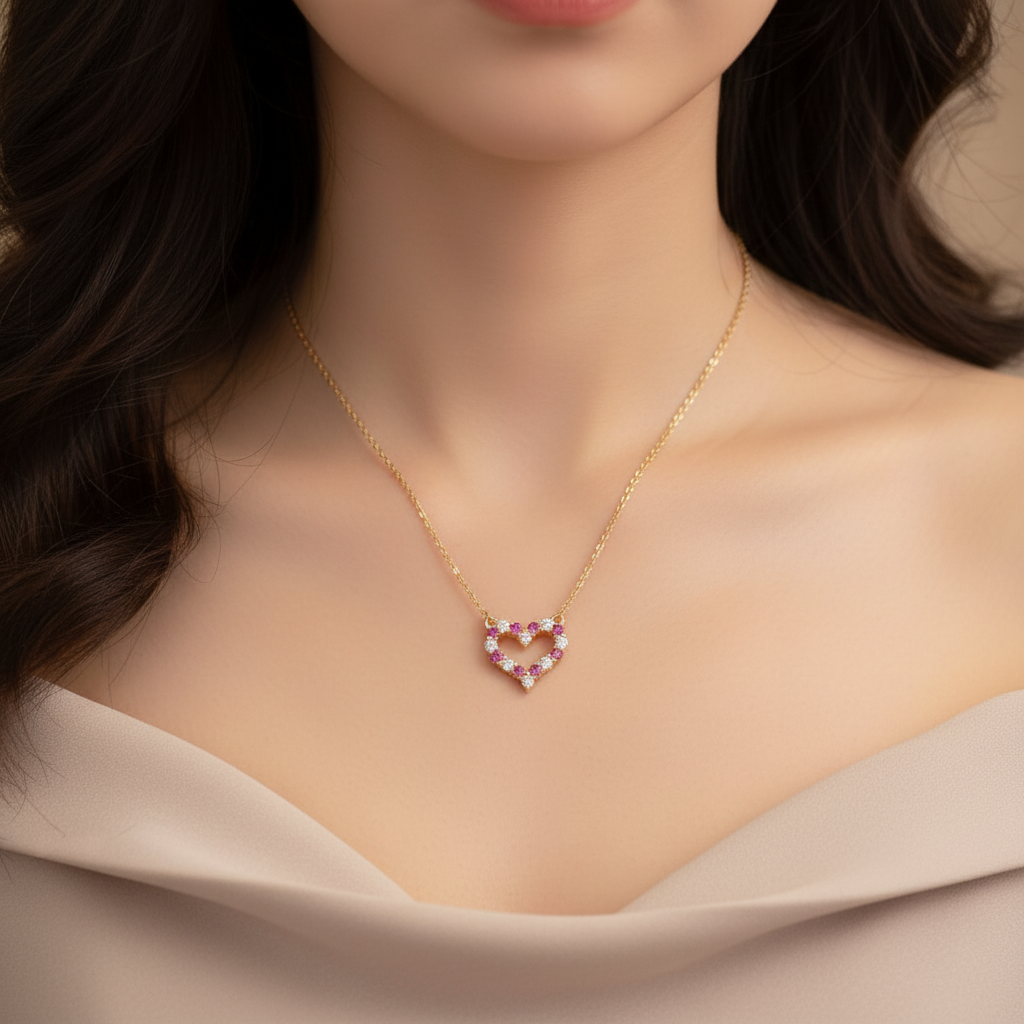 Girl wearing SCH00092A open heart pink sapphire diamond necklace