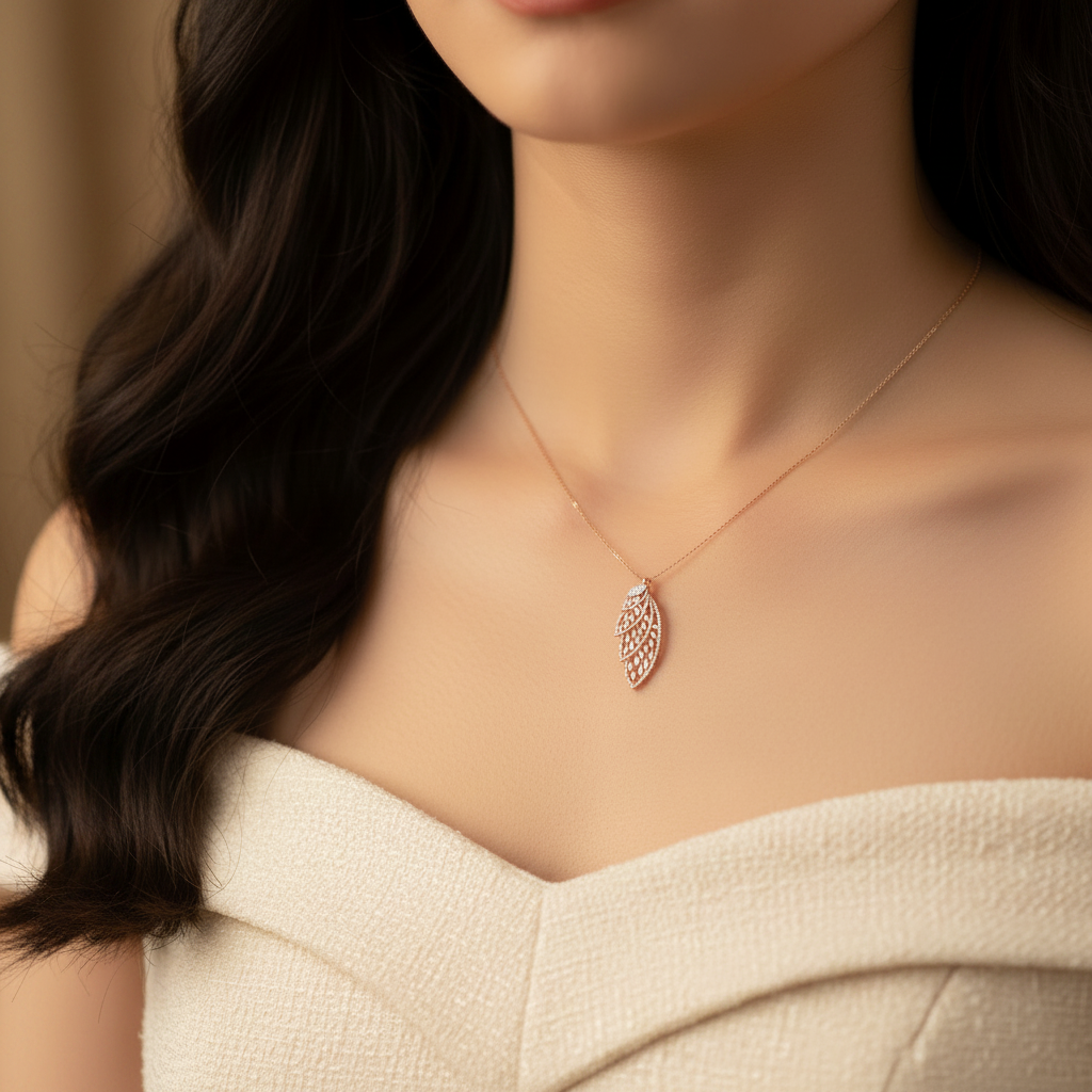 Girl wearing slightly bigger HPS01913 rose gold leaf feather pendant