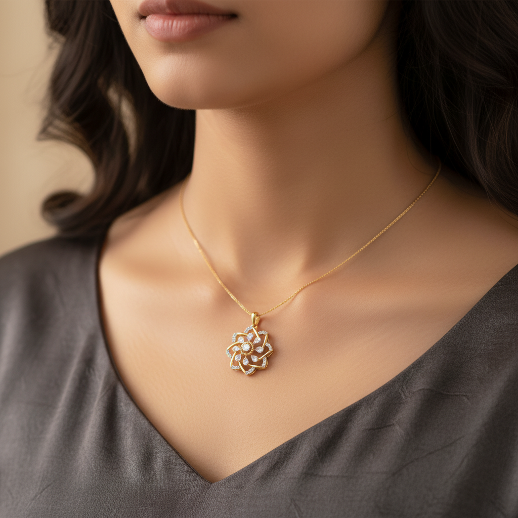 Girl wearing small CPS00265 yellow gold pinwheel pendant neck zoom fresh
