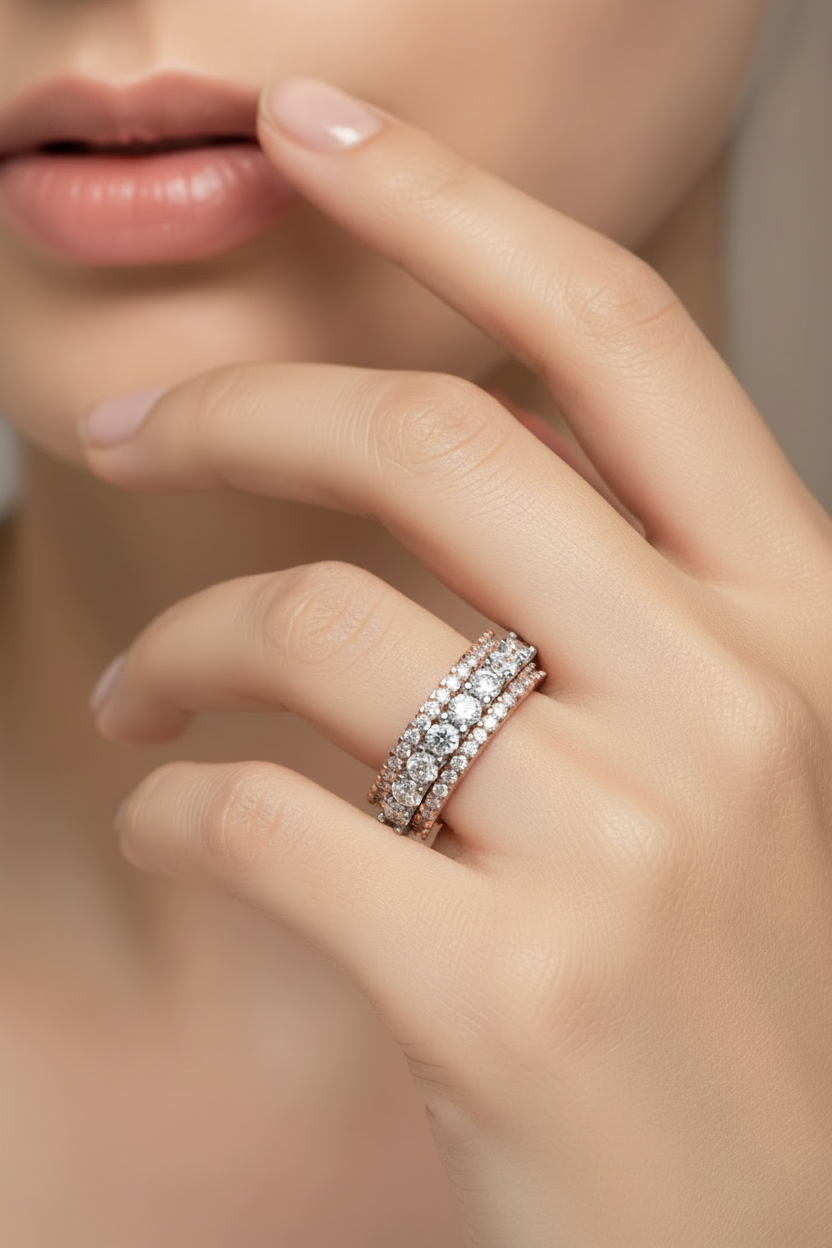 Girl wearing stacked ring set with smaller middle band diamonds
