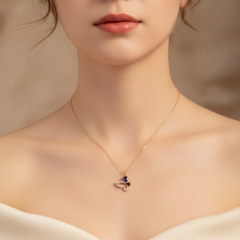 Girl Wearing Tiny Sapphire Butterfly Necklace