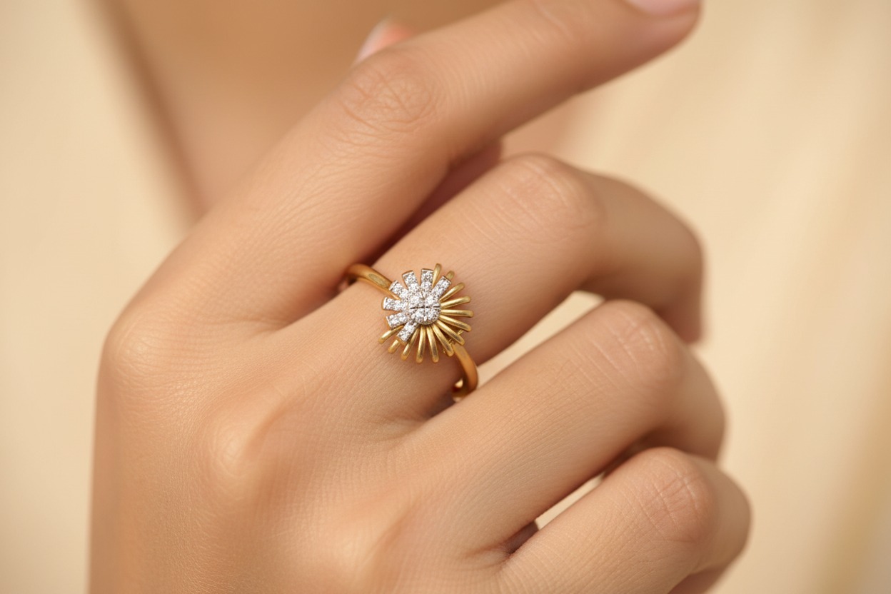 Girl Wearing Tiny Sunburst Ring - Plain Band
