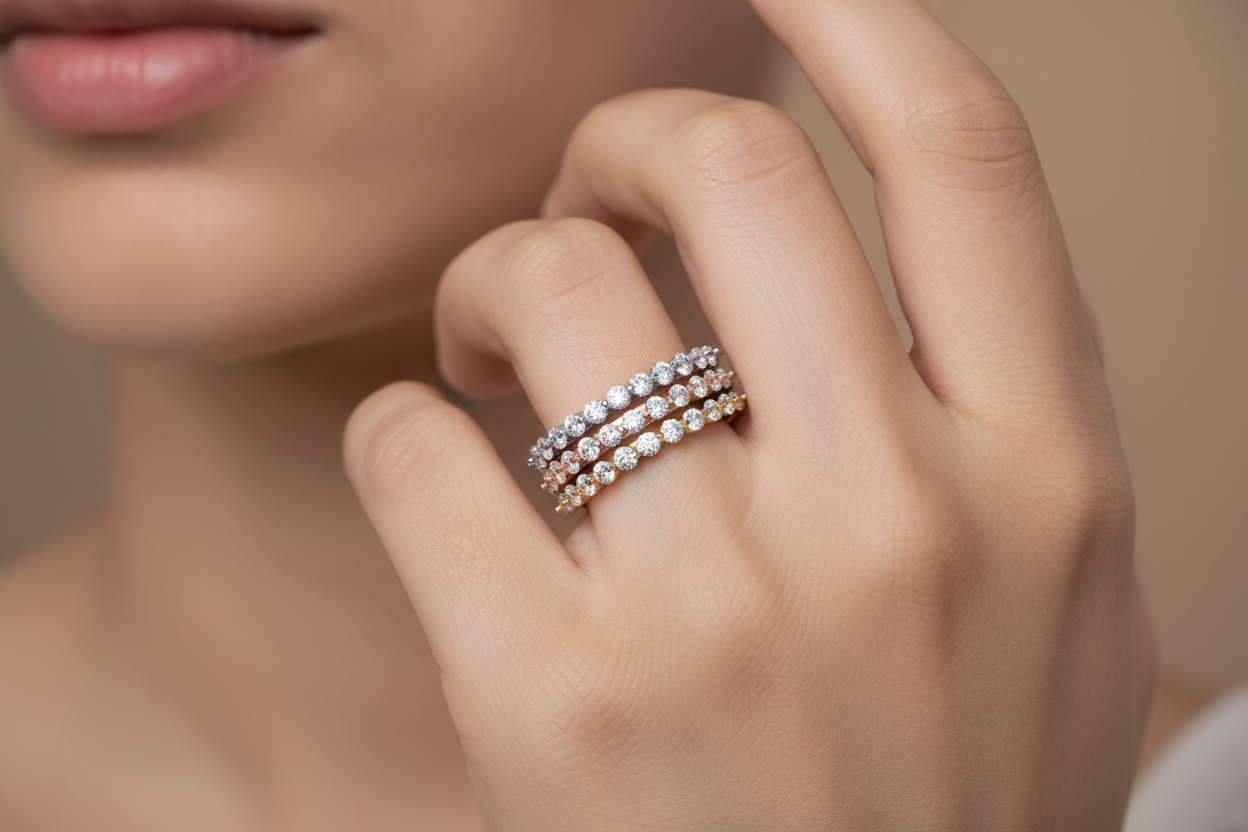 Girl wearing tri-color stacked diamond eternity bands