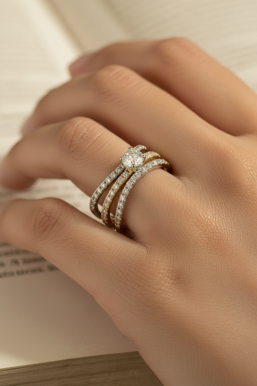 Girl wearing two-tone multi-band crossover diamond ring