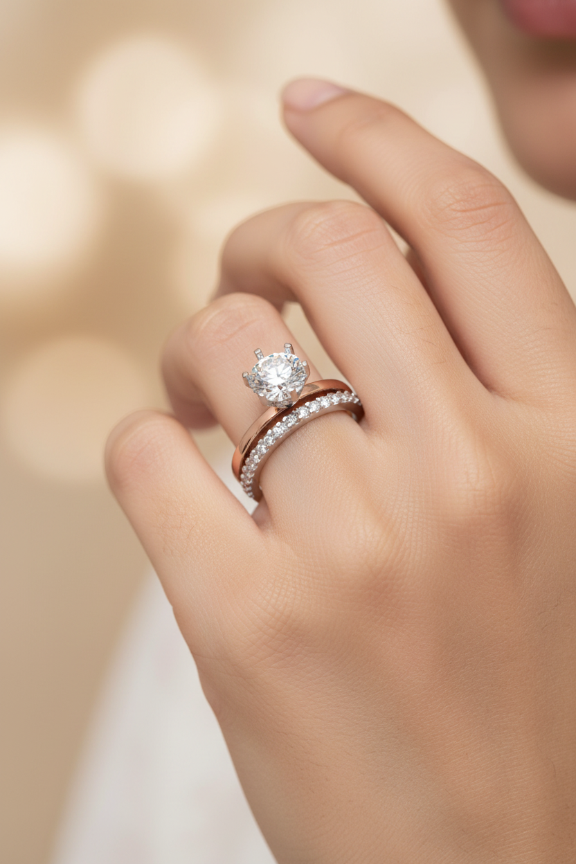 Girl wearing two-tone rose gold and white gold diamond bridal ring set
