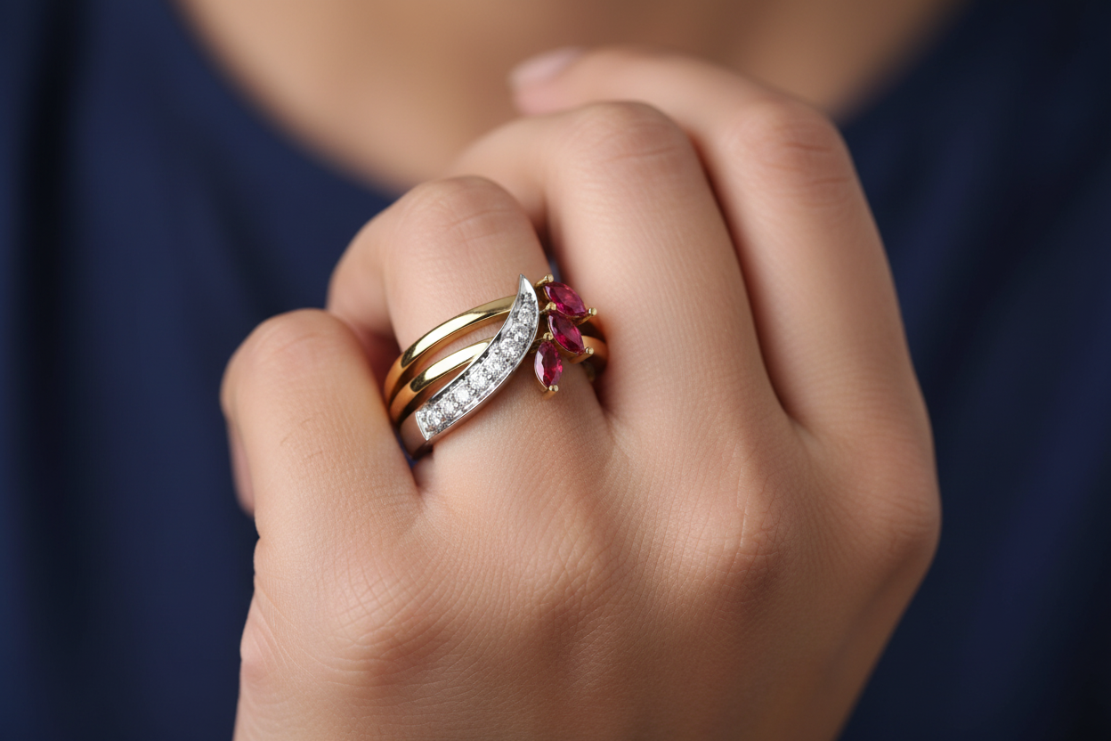 Girl Wearing Two-Tone Ruby Diamond Multi-Band Ring