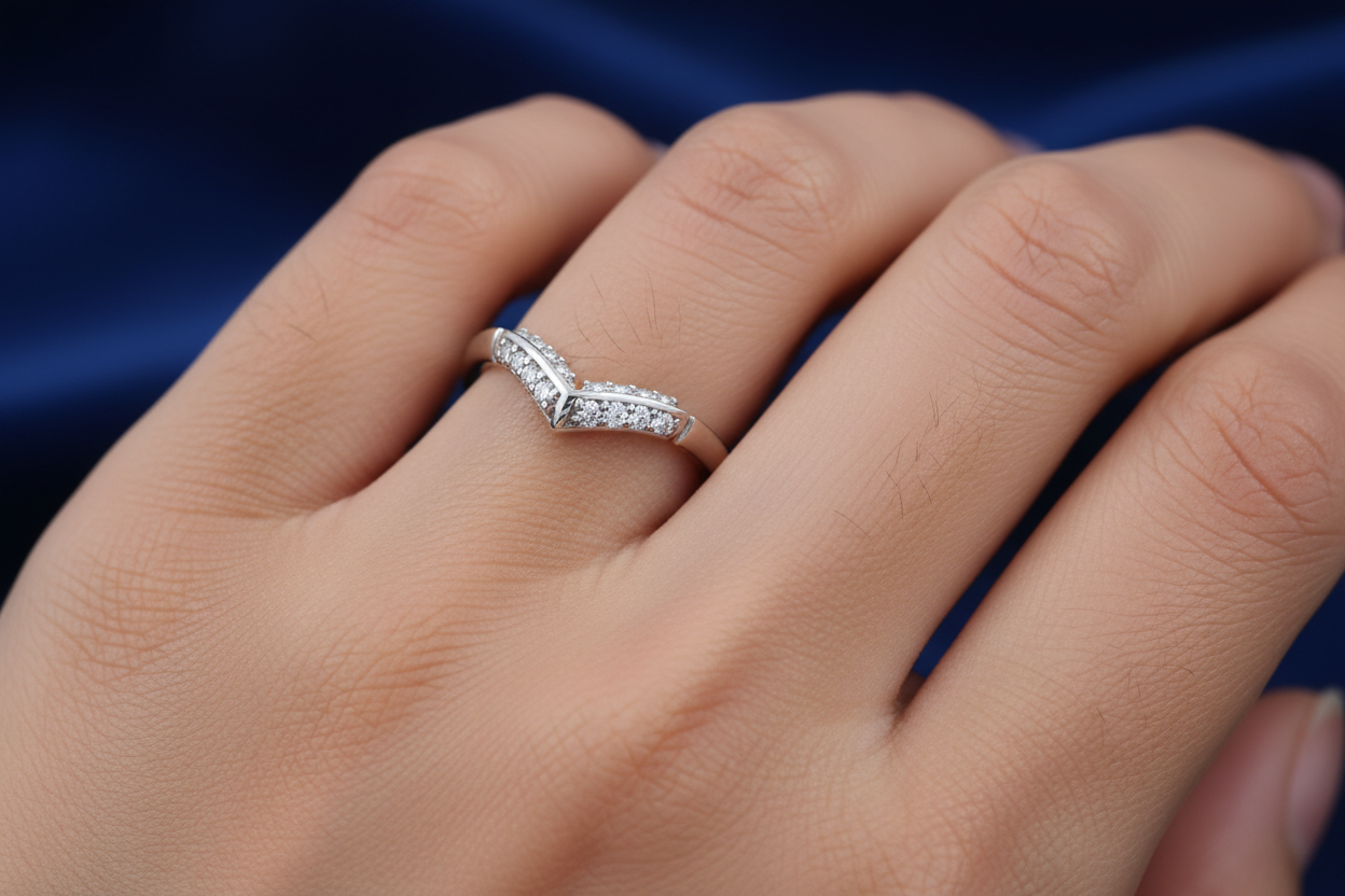 Girl Wearing White Gold Chevron V Ring