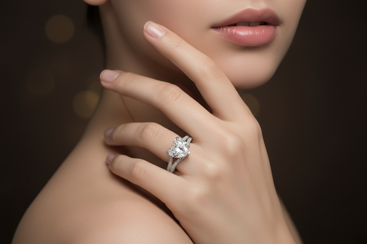 Girl wearing white gold heart diamond solitaire ring