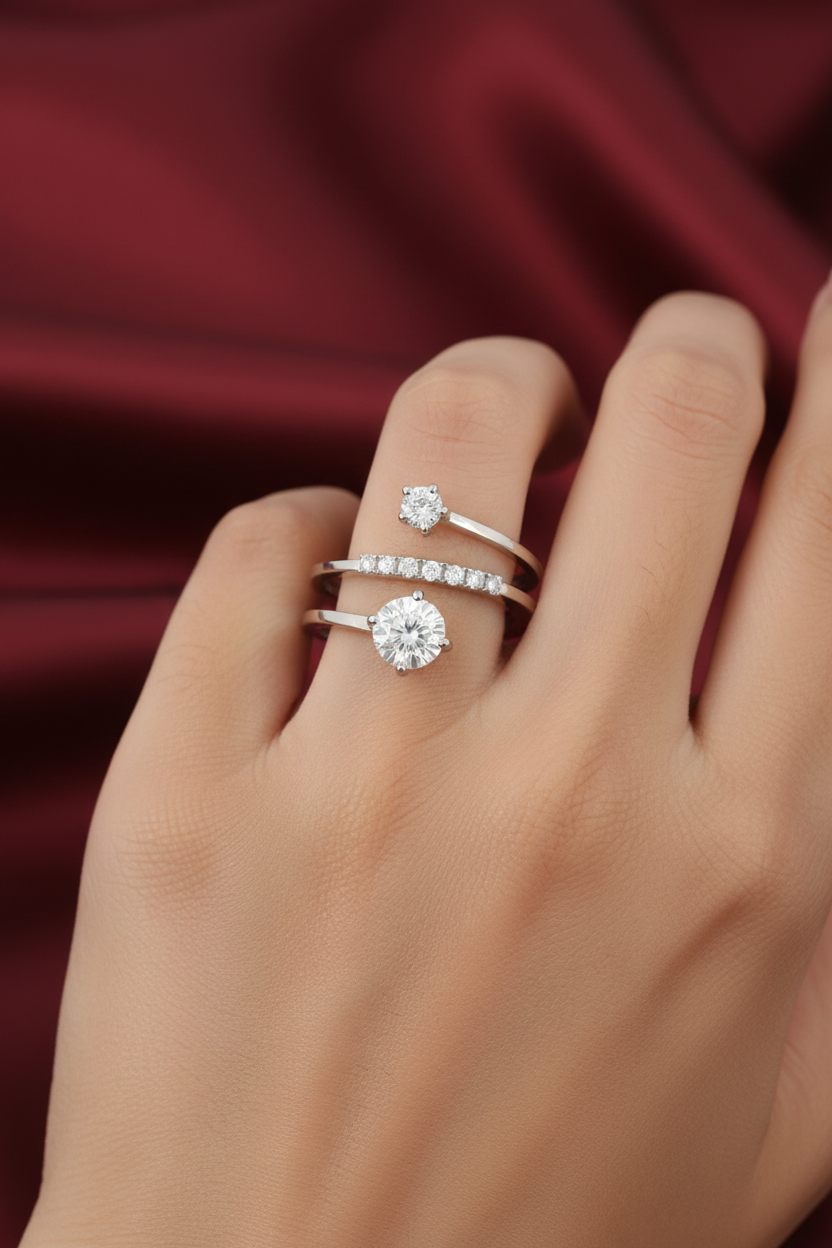 Girl wearing white gold spiral coil diamond ring