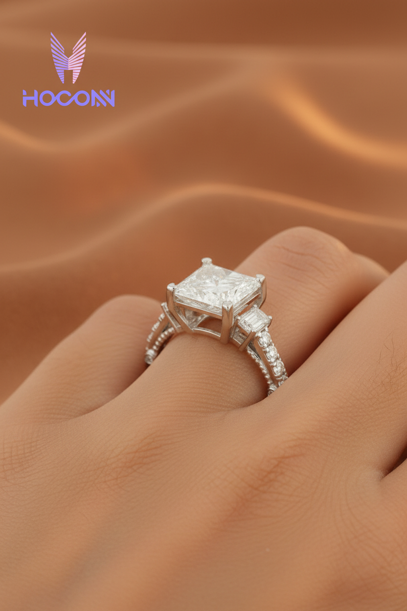 Girl wearing white gold three-stone princess cut diamond ring