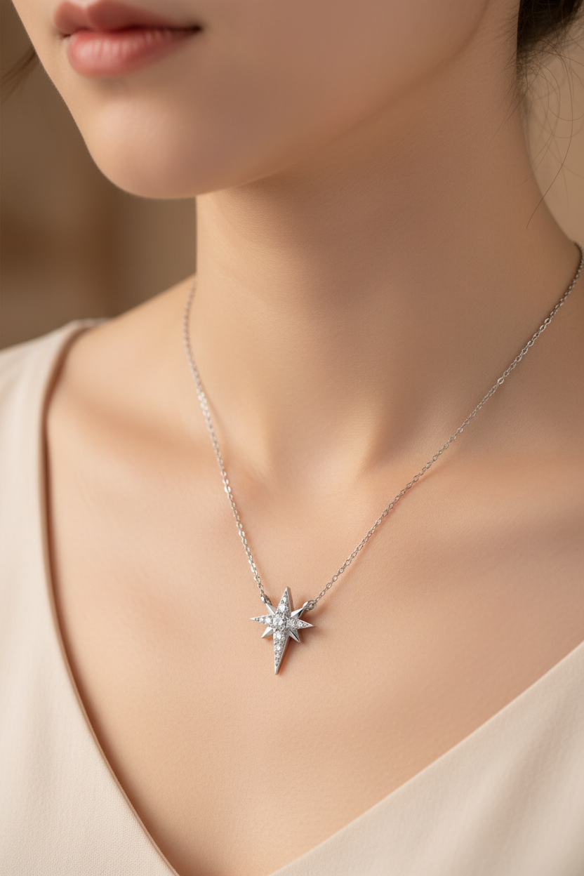 Girl Wearing White Plated North Star Necklace