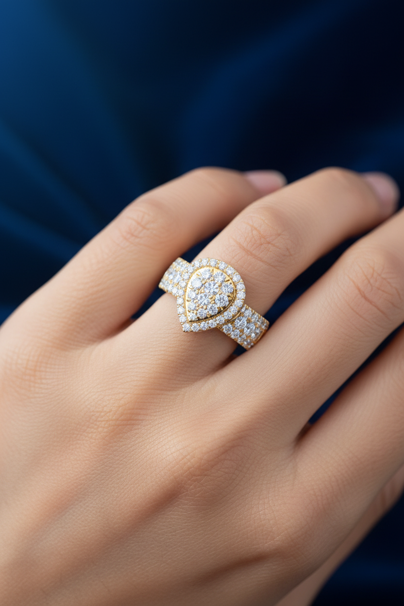 Girl wearing yellow gold pear diamond cluster ring