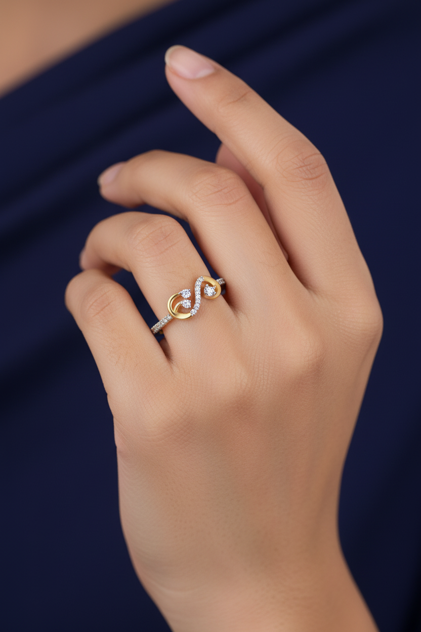 Girl wearing yellow gold swirl diamond ring