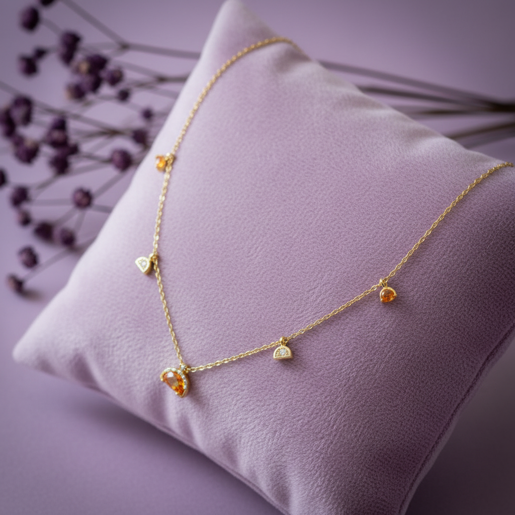 Gold Citrine Charm Necklace – Cushion Lavender