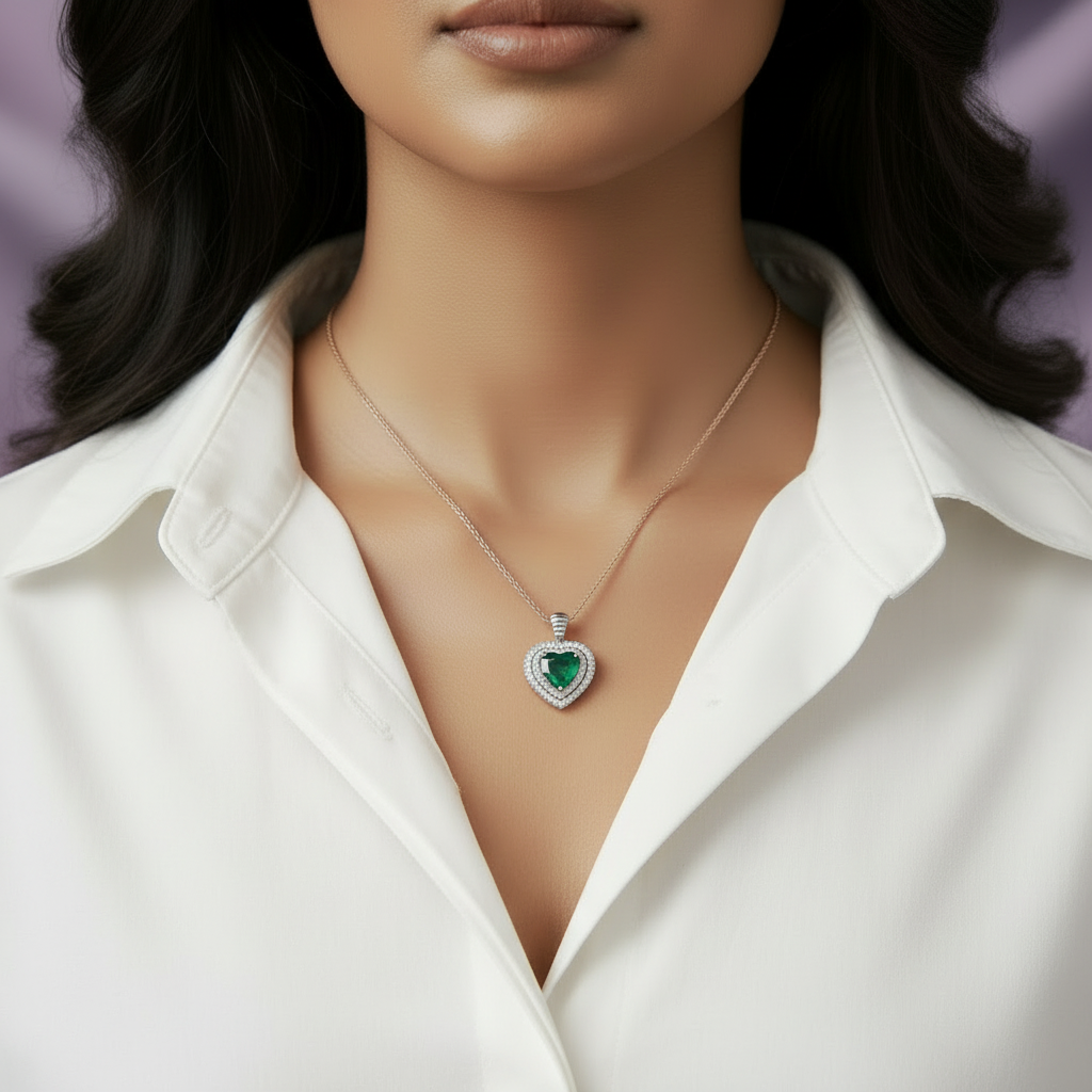 Green Emerald Heart Pendant - White Shirt Close Up
