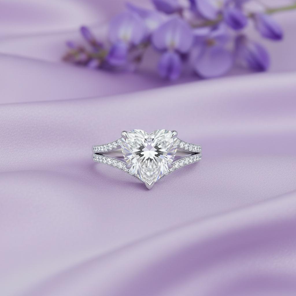 Heart Diamond Split-Shank Ring – Flat Lay Lavender