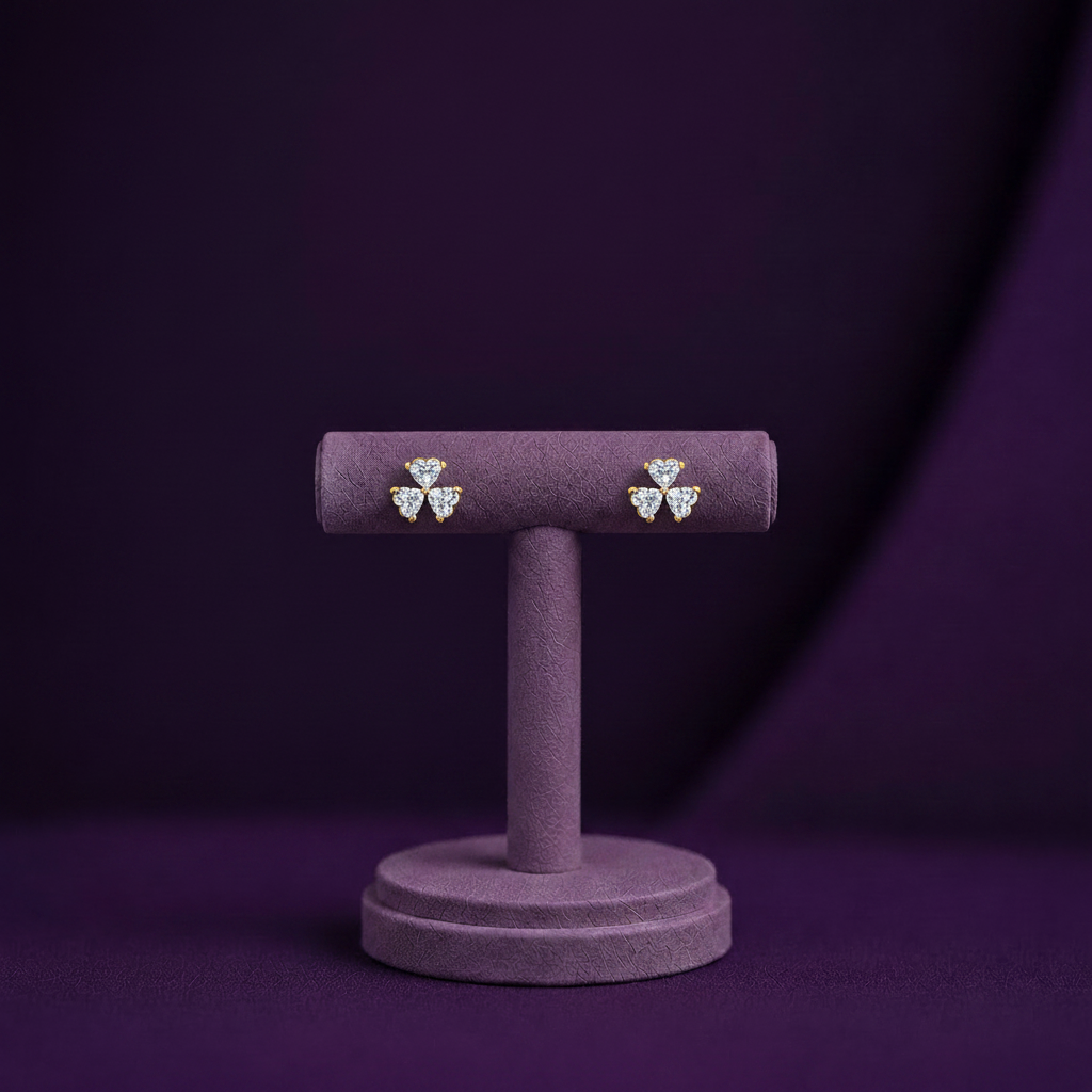 HER03401 Smaller Yellow Gold Three Heart Diamond Trefoil Clover Cluster Stud Earrings Purple BG