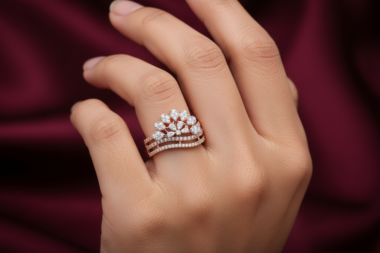 HLR04077B Extra Small Floral Crown Ring on Finger