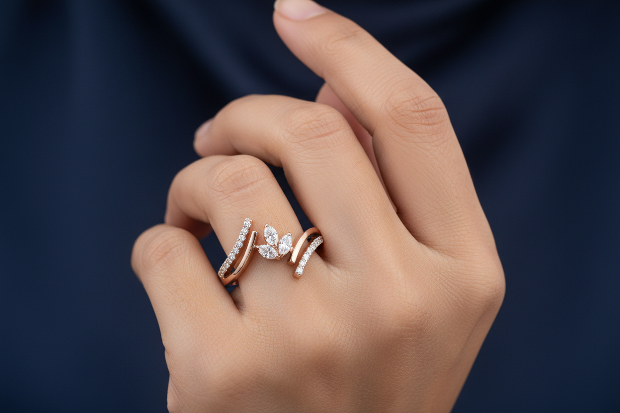 HLR04493 Smaller Rose Gold Marquise Tulip Ring on Finger