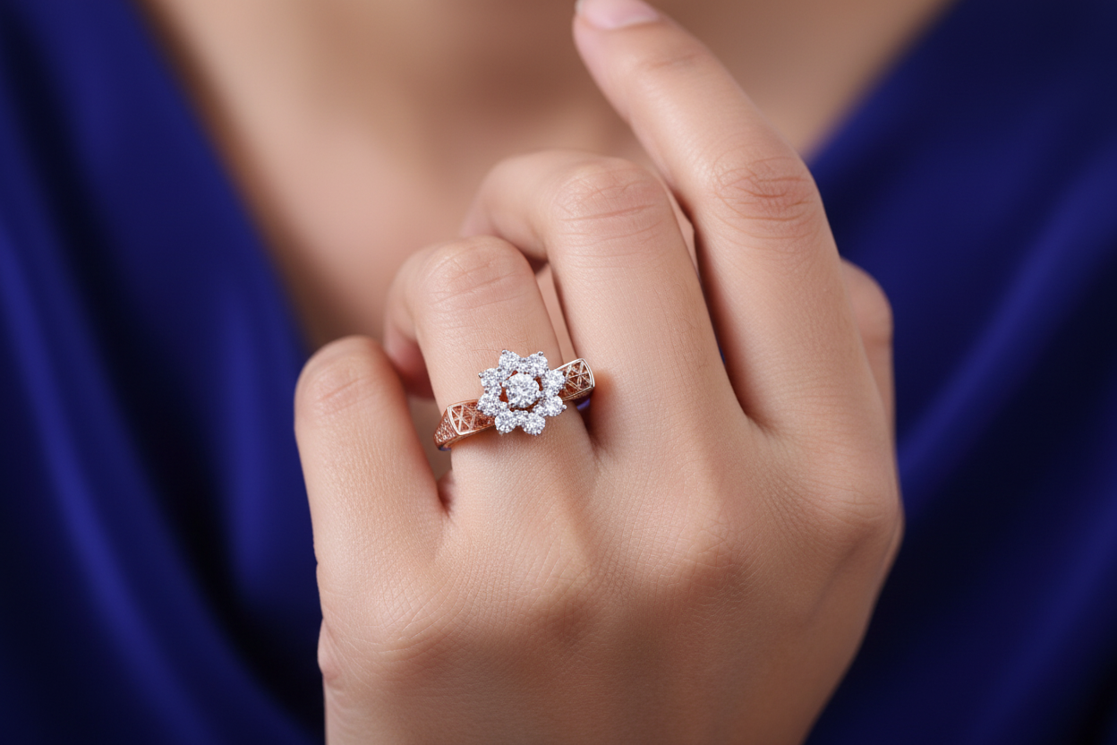 HLR04825 Smaller Center Diamond Flower Ring on Finger