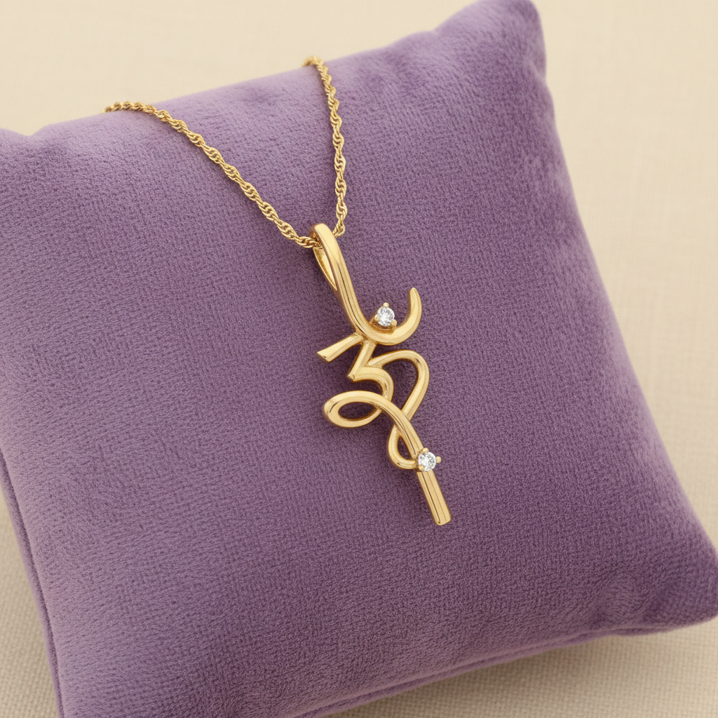 HPD00343 Om script pendant on lavender velvet cushion with chain