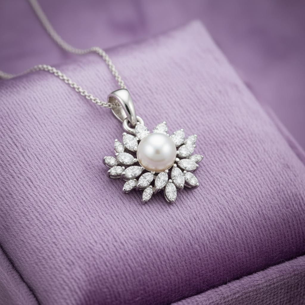 HPD00364 smaller pearl pendant on lavender velvet