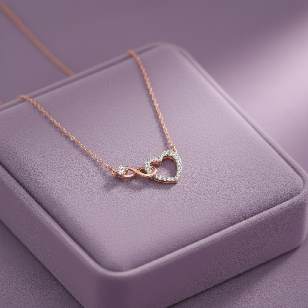 HPD00383A infinity heart necklace on lavender velvet cushion