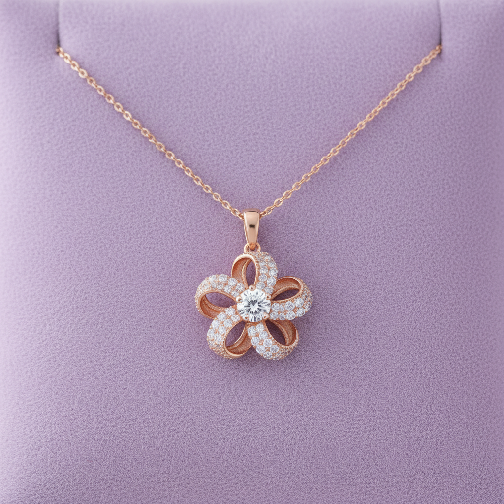 HPD00535 rose gold five petal flower pendant on lavender velvet retry