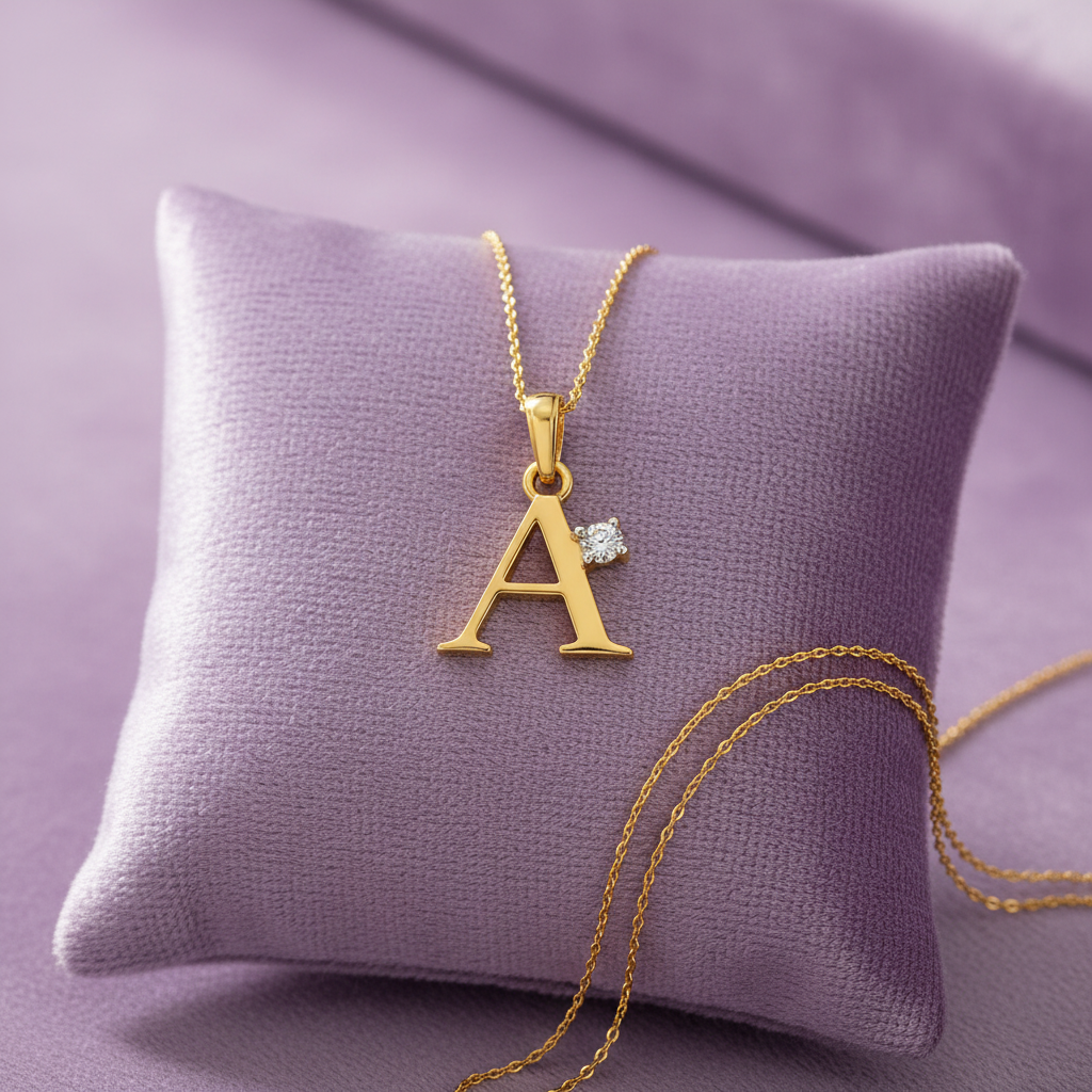 HPD00586 letter A pendant on lavender velvet cushion with chain