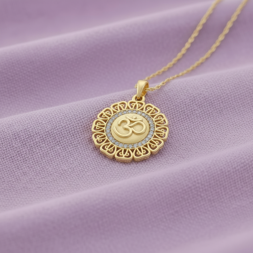 HPD00604 Om pendant on lavender velvet cushion with chain