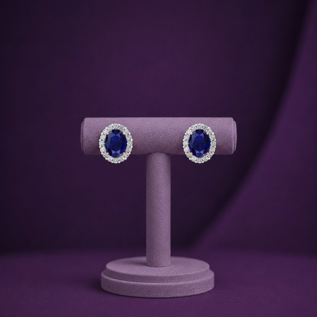 HPE01382G Blue Sapphire Halo Studs Purple BG