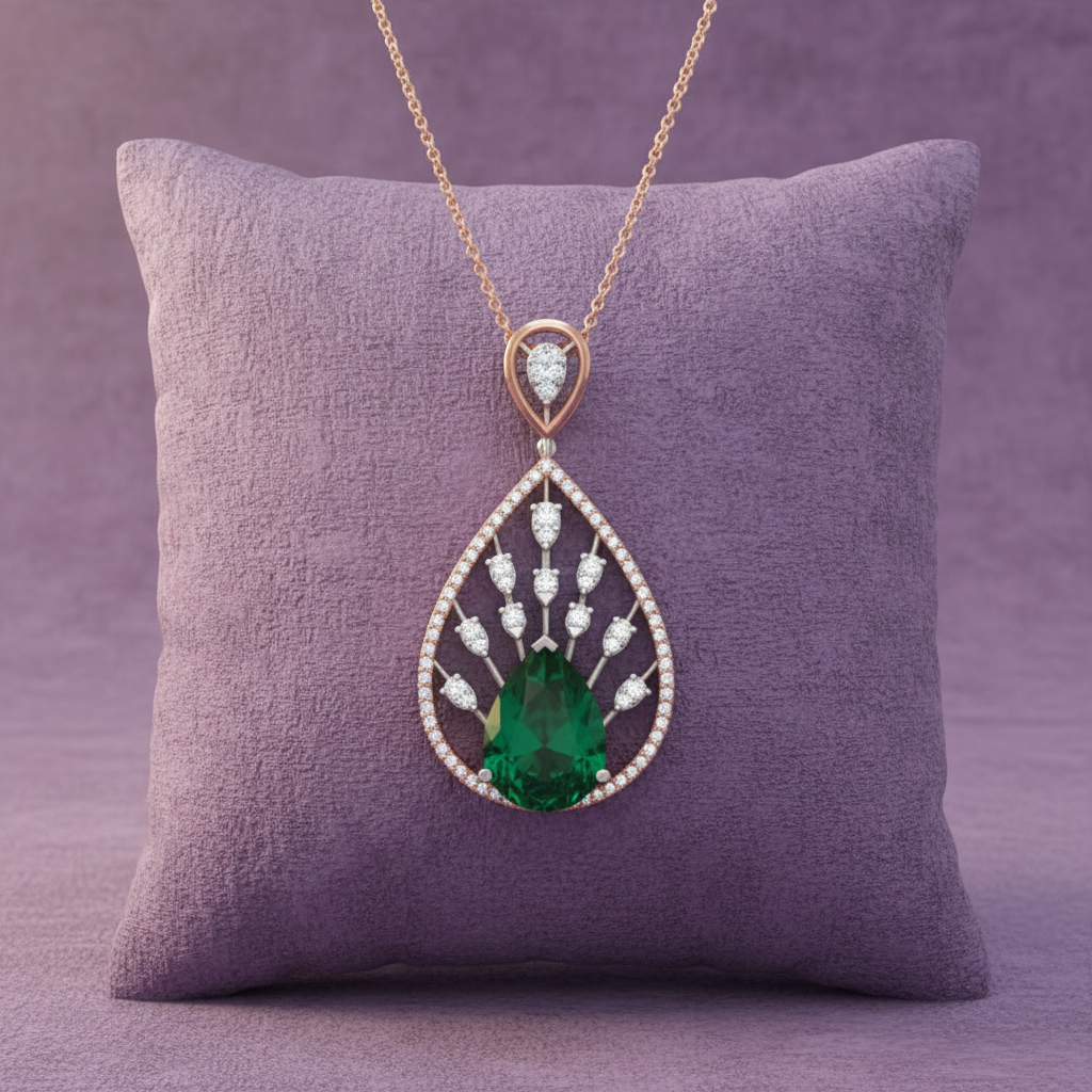 HPS01393B pear emerald teardrop pendant on lavender velvet cushion with chain