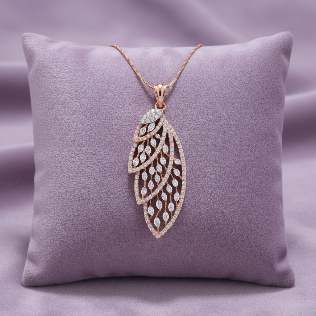 HPS01913 rose gold leaf feather pendant on lavender velvet cushion with chain