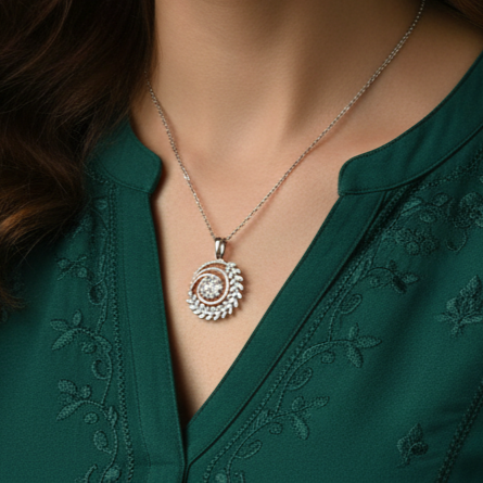 Leafy Vein Diamond Silver Pendant