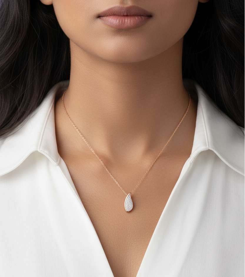 Indian Model Wearing Rose Gold Diamond Teardrop Pendant