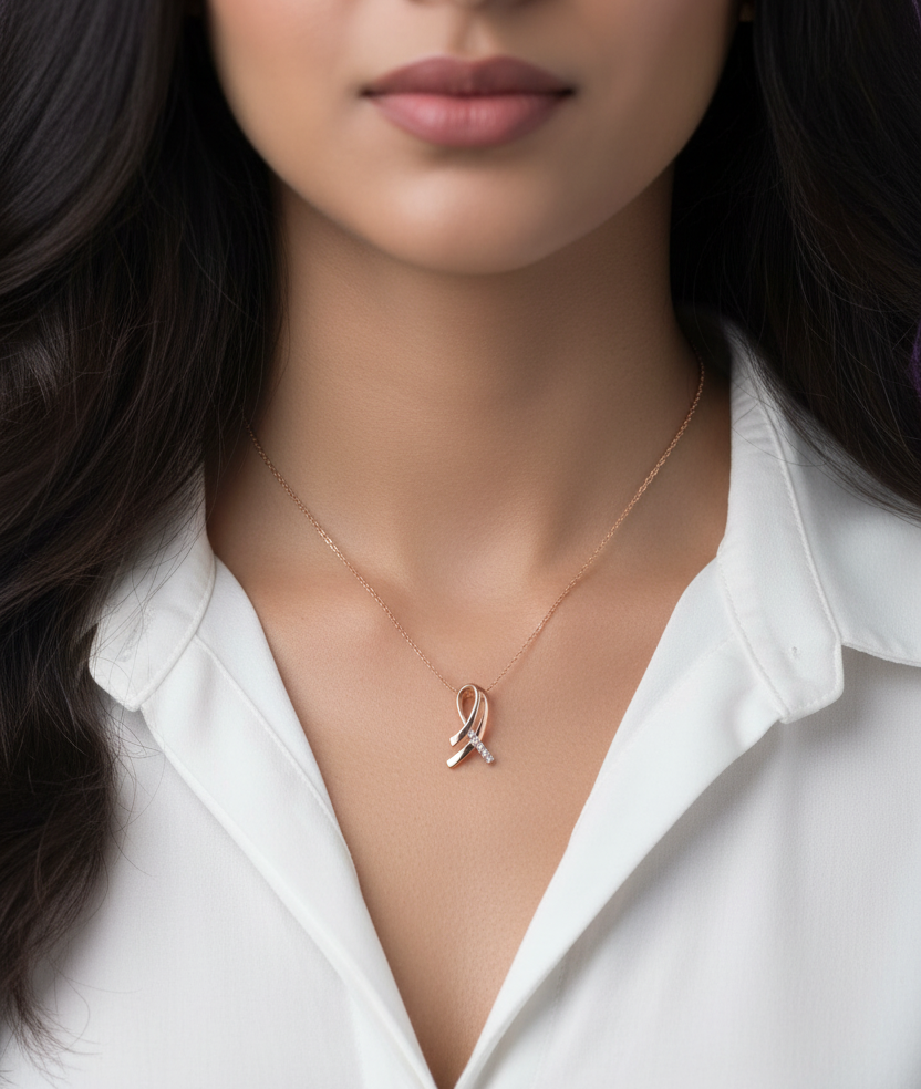 Indian Model Wearing Rose Gold Ribbon Pendant