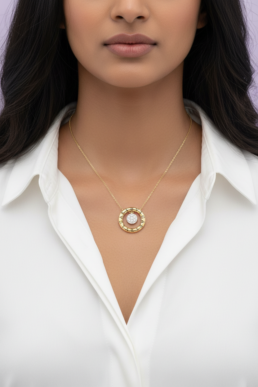 Indian Model Wearing Yellow Gold Circle Pendant
