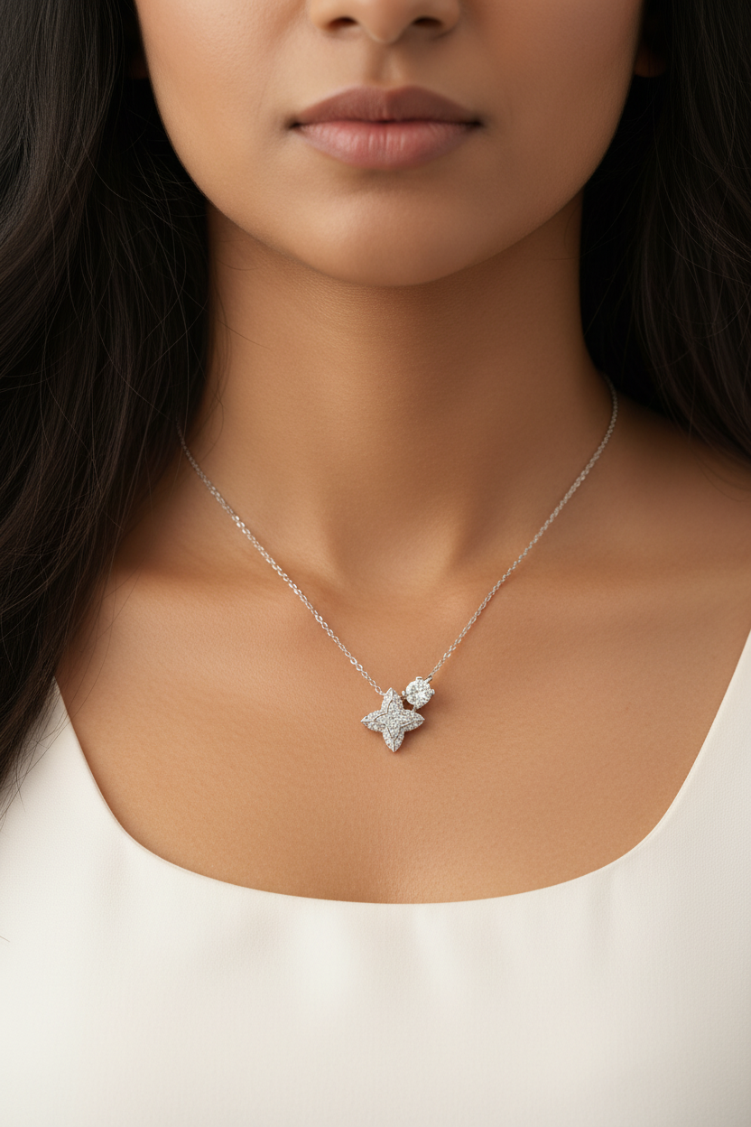 Indian woman extreme neck close-up with microscopically tiny white gold diamond star flower pendant