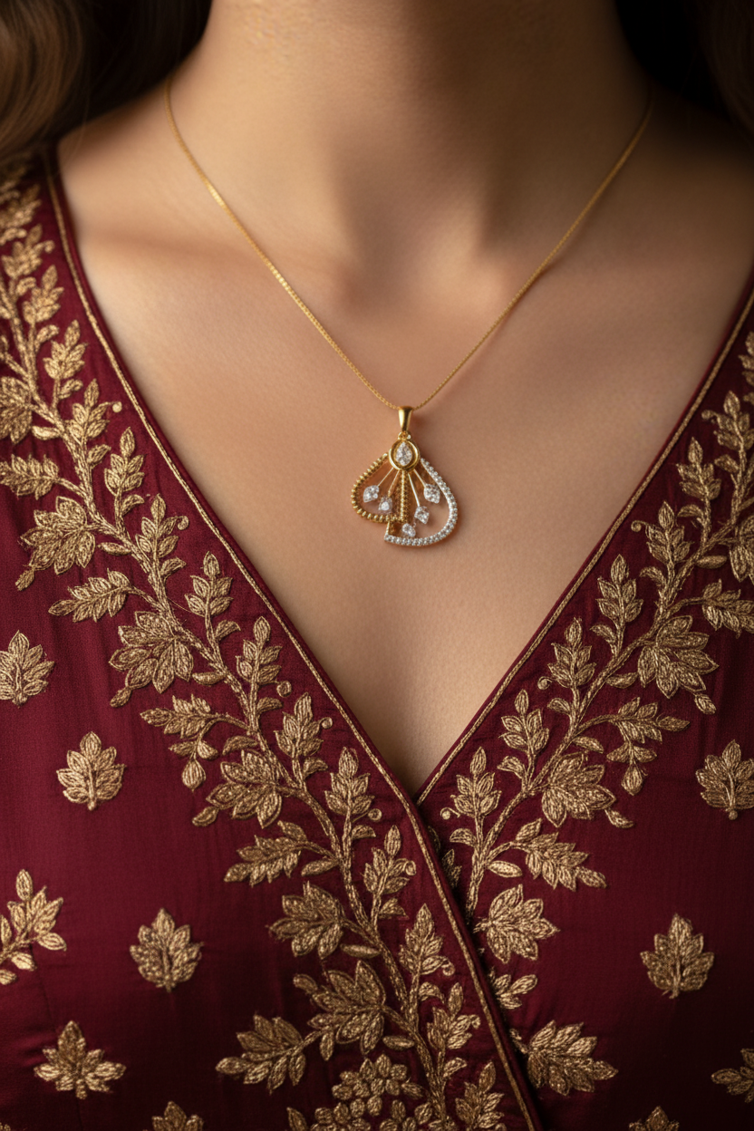 Indian woman in ethnic anarkali with fan diamond pendant at natural size on neckline