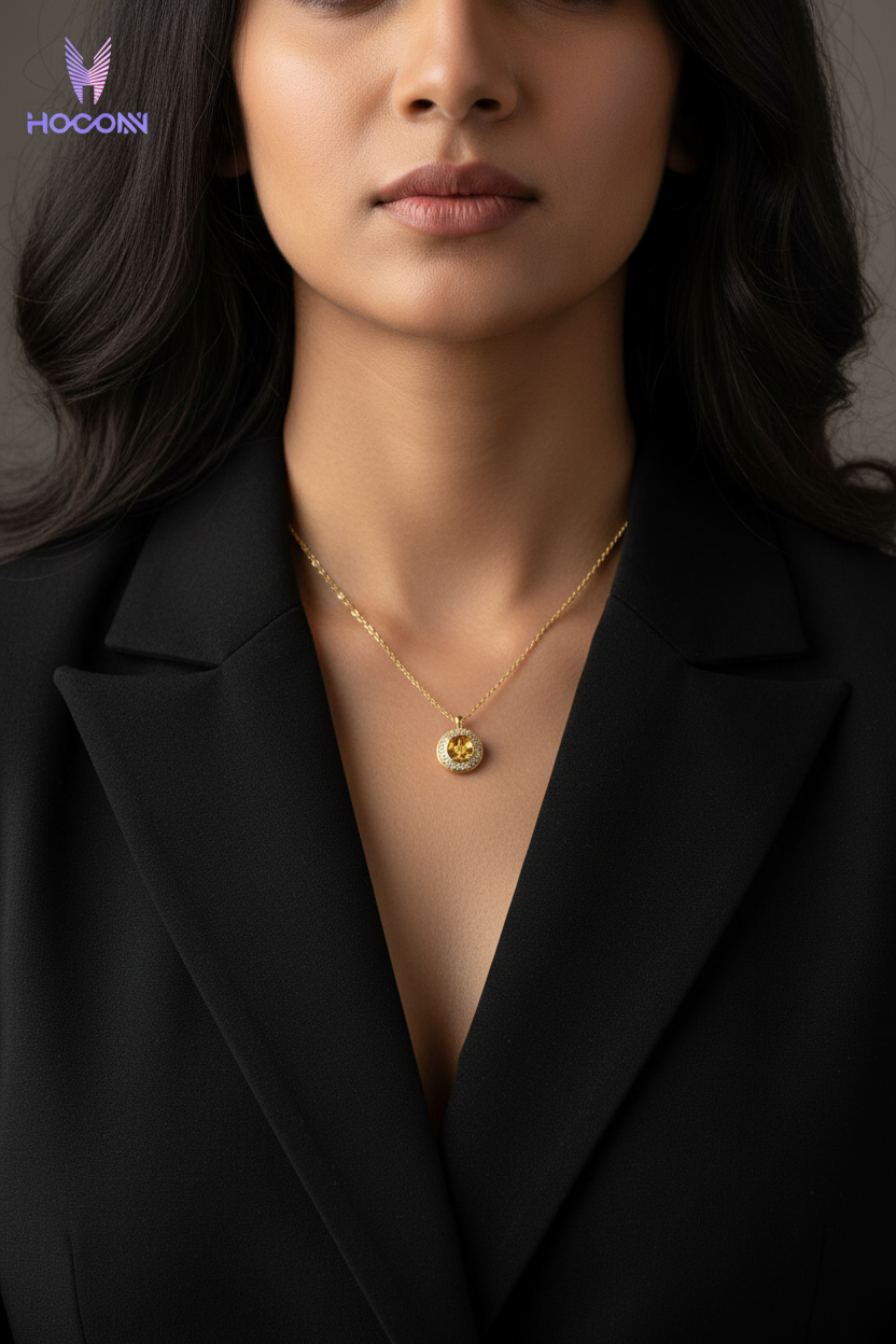 Indian woman in formal suit neck close-up with tiny yellow gold round diamond citrine pendant